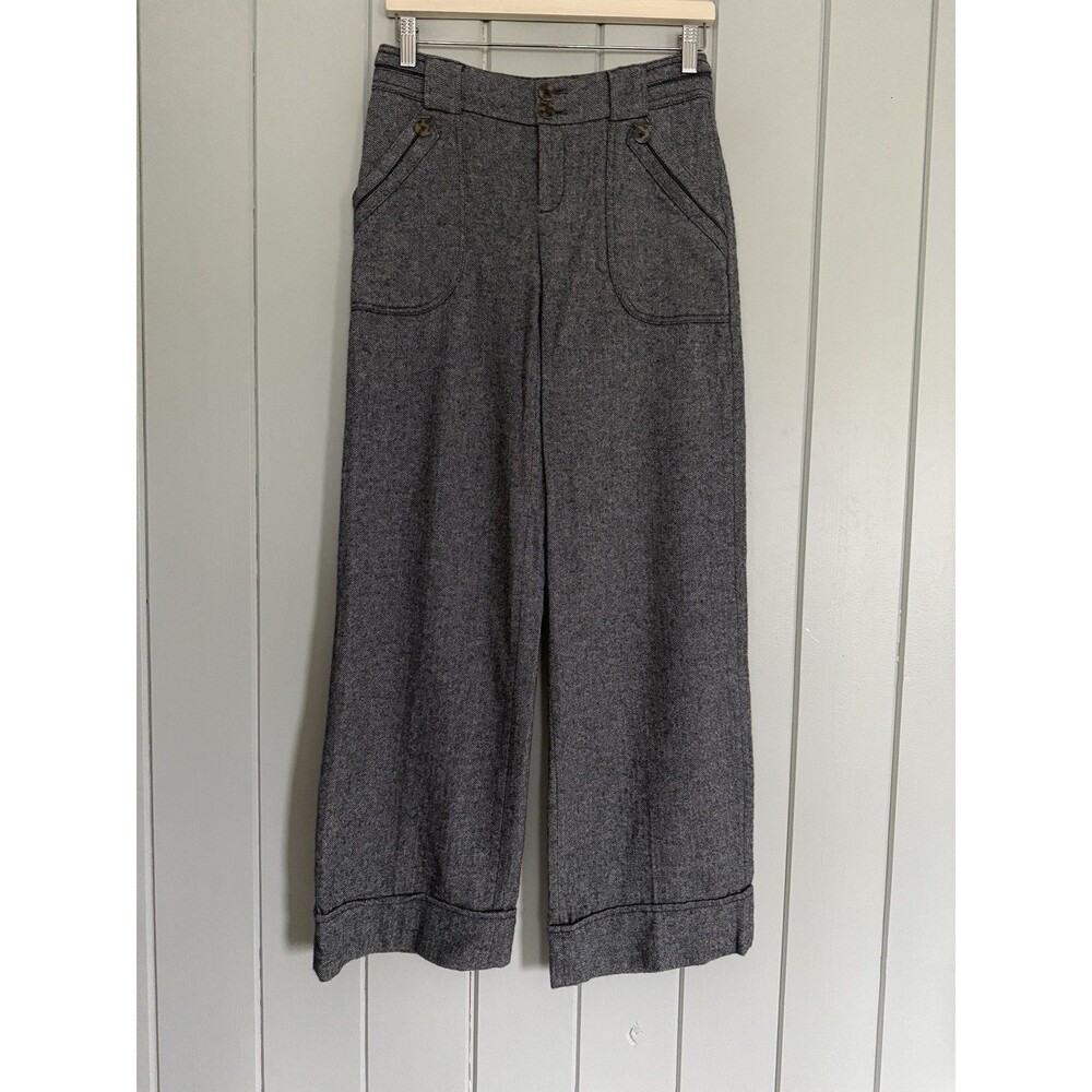 Elevenses Pants 0 Gray Herringbone Wide Leg Cuffed Belted Cotton Blend Gray Y2K
